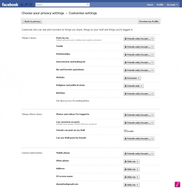custom privacy setting controls